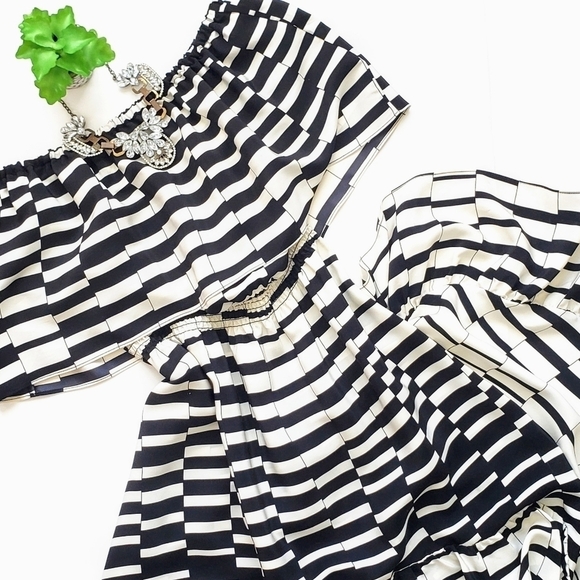 Parker Black White Striped Strapless Silk Ruffle Dress Size Large - Picture 1 of 13